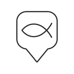 Thin line Ichthys fish icon inside square pin, black vector symbol of Christian faith, spirituality, and early church symbolism for design use.