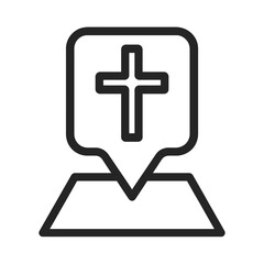 Fototapeta premium Black church location pin icon, flat linear cross inside square map pin, perfect for Christian faith apps, maps, and spiritual designs.
