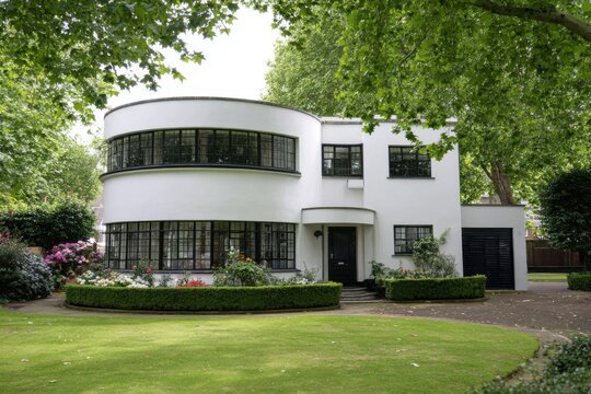 A contemporary round house nestled amid vibrant greenery and blooming flowers, set in a tranquil garden oasis under the bright blue sky of a beautiful day
