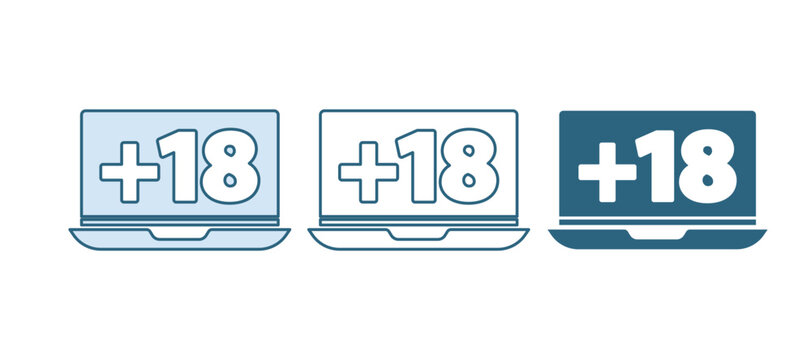 Blue Laptop with 18 plus content icon isolated on white background. Age restriction symbol. Adult channel. Vector