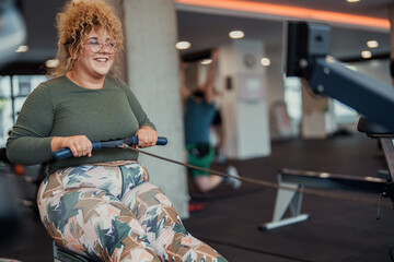 Young Adult Woman Exercising on Rowing Machine in Modern Indoor Gym Setting