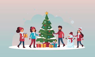 Family decorating Christmas tree – vector illustration