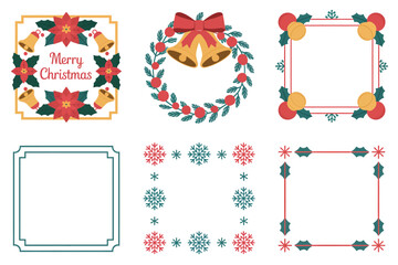 A collection of decorative Christmas and winter themed borders and frames, featuring poinsettias, bells, holly, snowflakes, and baubles, suitable for holiday greetings and designs.