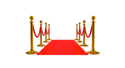 Red carpet event stanchions with velvet ropes leading to a bright red carpet, isolated on a white or transparent background, cutout, PNG