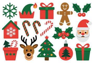 A festive collection of Christmas icons, including Santa Claus, a reindeer, a gingerbread man, and decorated trees.