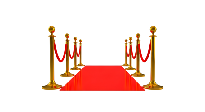 Red carpet event stanchions with velvet ropes leading to a bright red carpet, isolated on a white or transparent background, cutout, PNG