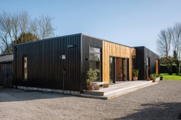 Fototapeta premium Modern house with wooden accents surrounded by nature, showcasing sleek design in a rural setting during bright daylight