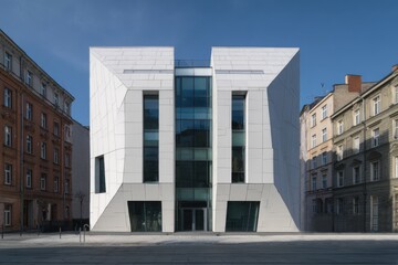 In an urban landscape, modern architecture distinctly contrasts with historical structures, especially on clear, sunny days when its lines and shapes are highlighted