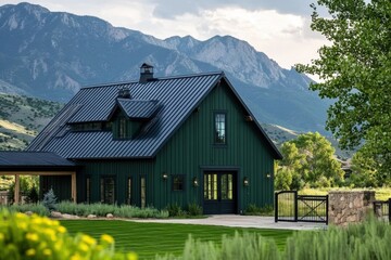Fototapeta premium A charming green barn-style house is beautifully nestled within a stunning mountainous landscape, surrounded by vibrant greenery and breathtaking scenic views on a warm, sunny day