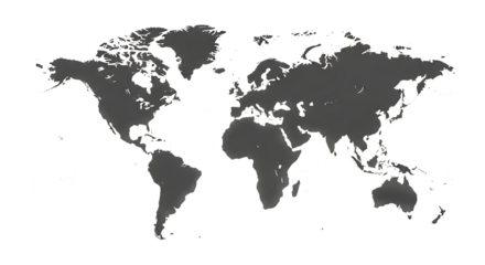 Gray World Map Outline with Subtle Shading on Black, isolated on a white or transparent background, cutout, PNG