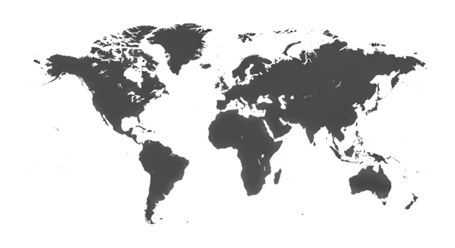 Gray World Map Outline with Subtle Shading on Black, isolated on a white or transparent background, cutout, PNG - Powered by Adobe