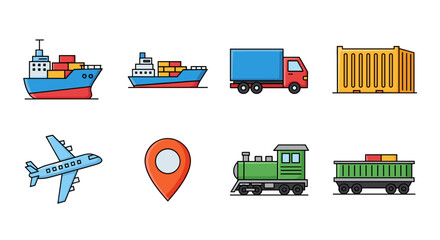 Illustration of transportation methods including ship truck and train