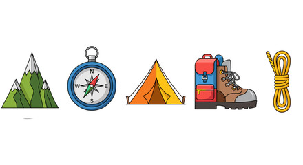 Illustration of camping gear including tent compass boot and rope