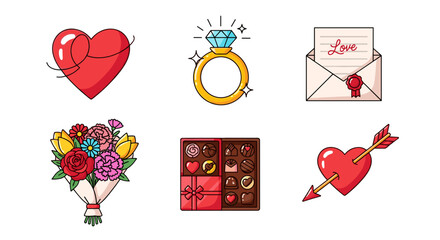 Illustration of valentines day themed items on a white background