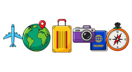 Illustration of travel themed items including plane globe and camera