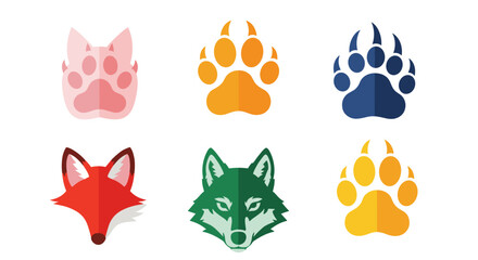 Illustration of animal paws and heads in various colors and styles