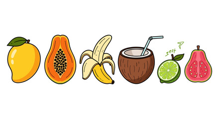 Illustration of a row of tropical fruits including coconut drink