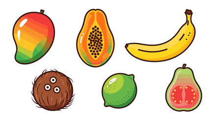 Illustration of a variety of tropical fruits including mango and lime