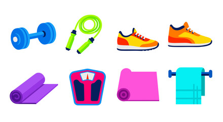 Illustration of fitness equipment including weights and jump rope