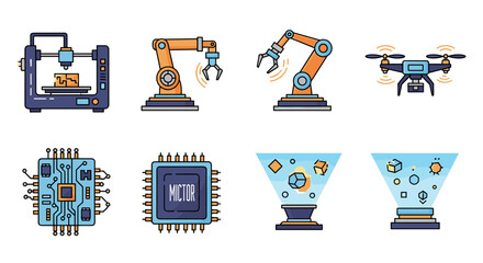 Illustration of technology icons including robotics and processors