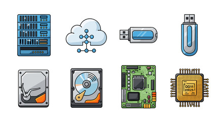 Illustration of computer hardware components and cloud computing