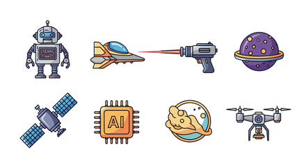 Illustration of futuristic technology and space exploration icons