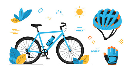 Illustration of a bicycle helmet glove and water bottle with leaves