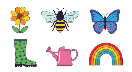 Illustration of flower bee butterfly boot watering can and rainbow
