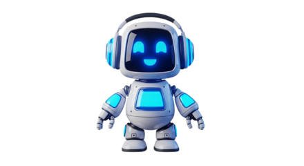 Cute white robot with glowing blue screen and headphones, isolated on a white or transparent background, cutout, PNG