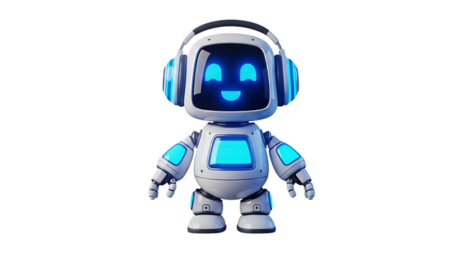 Cute white robot with glowing blue screen and headphones, isolated on a white or transparent background, cutout, PNG