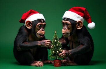 Cute monkeys in Santa hats on a plain green background with a Christmas tree