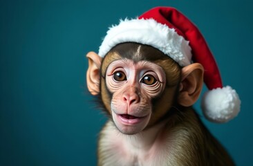 Portrait of a monkey in a New Year's cap on a dark blue background. Santa Claus