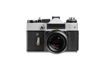 Classic analog film camera isolated on white background. Perfect for photography themes, retro designs, or creative advertising projects.