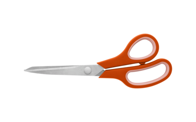 A pair of Orange handled scissors in closed position on a white background, featuring sharp stainless steel blades and ergonomic grips. Ideal for office or craft use with clean, isolated design.