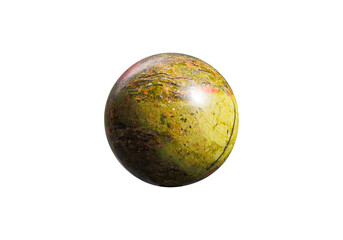 A vibrant Unakite ball on an isolated white background, showcasing a mix of bright green and pink hues with a lustrous surface. Perfect for spiritual decor or gemstone displays.