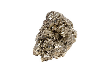 A glistening pyrite gemstone with a cubic shape, showcasing a metallic golden hue and sharp edges. Ideal for decorative items with striking brilliance.