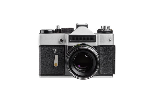 Classic analog film camera isolated on white background. Perfect for photography themes, retro designs, or creative advertising projects.