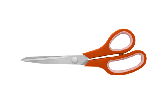 A pair of Orange handled scissors in closed position on a white background, featuring sharp stainless steel blades and ergonomic grips. Ideal for office or craft use with clean, isolated design.