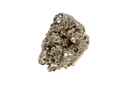 A glistening pyrite gemstone with a cubic shape, showcasing a metallic golden hue and sharp edges. Ideal for decorative items with striking brilliance.