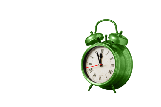 retro clock, watch, pointer clock, Green color alarm clock on isolated white background close up