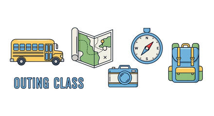 Outing class icons: bus, map, compass, camera, backpack.