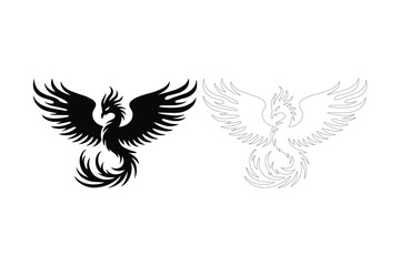 Fototapeta premium Black silhouette of a mythical phoenix bird with spread wings and a faded outline