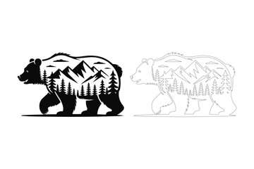 Silhouette of a bear filled with a mountain forest landscape and a sketch of a bear