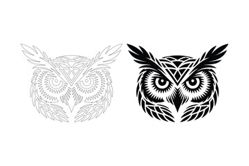 Detailed black and white owl head illustration with intricate patterns
