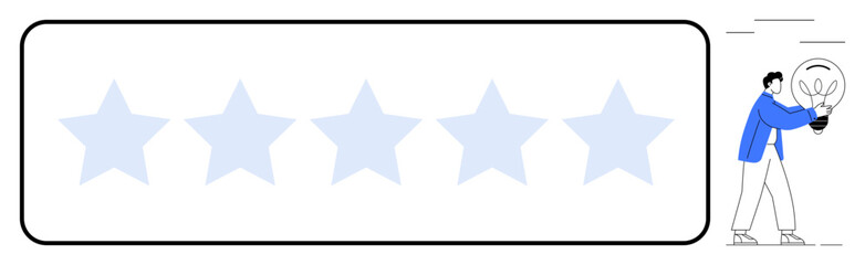 Glowing bulb held by user near a 5-star rating emphasizing ideas, reviews, goals, feedback, innovation, engagement. Ideal for creativity, teamwork, quality improvement evaluation user experience