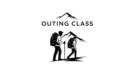 Fototapeta premium Outing Class logo with two hikers and a mountain range in the background.