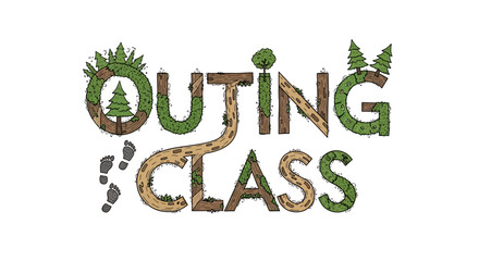 Outing Class logo with letters decorated with plants and a trail of footprints.
