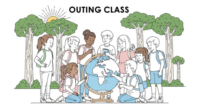 A group of children gathered around a globe during an outing class.