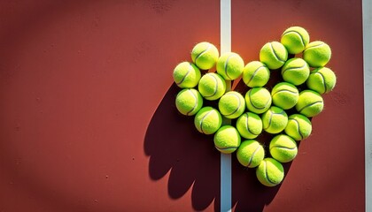 Tennis balls arranged in a heart shape on a tennis court with space for text on the left. for Valentine’s Day tennis events, promotions, cards, and social media content.