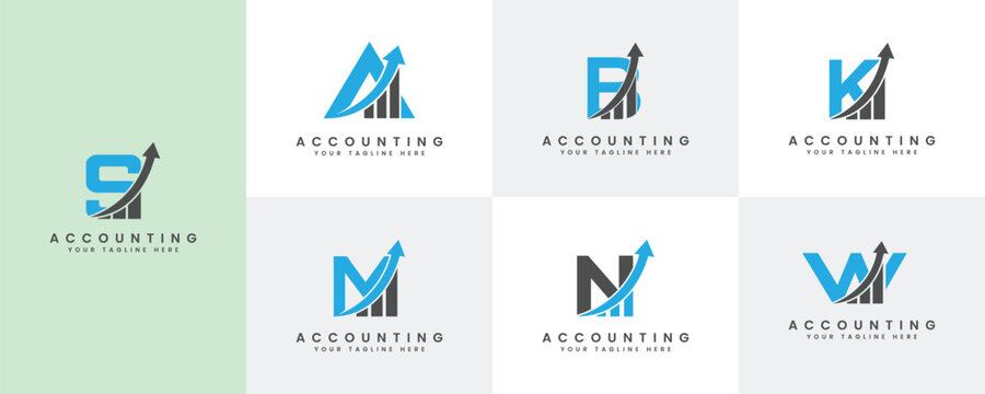 Collection of abstract letter logos with upward trending bar graph and arrow accounting finance